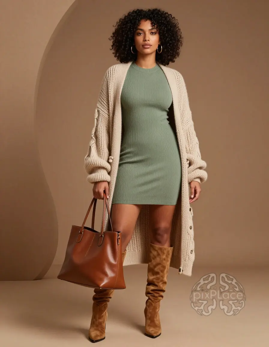 Woman in sage green dress and beige cardigan with brown boots and leather tote