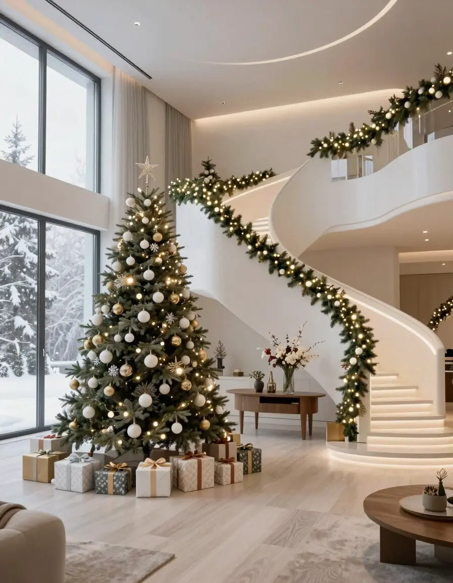 A modern living room with a Christmas tree, decorated staircase, and gifts.