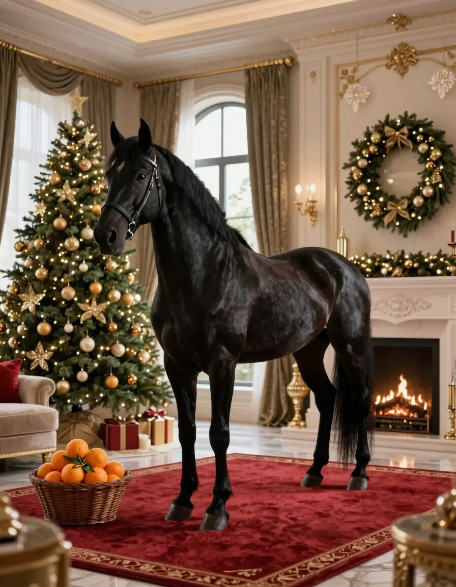 Luxurious living room with black horse, Christmas tree, and fireplace