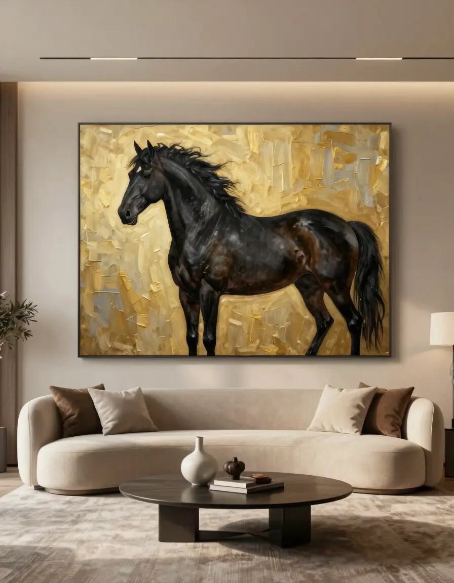A modern living room with a large abstract horse painting, beige couch, and minimalist coffee table, set against neutral tones and natural textures, exuding calm sophistication and luxury.