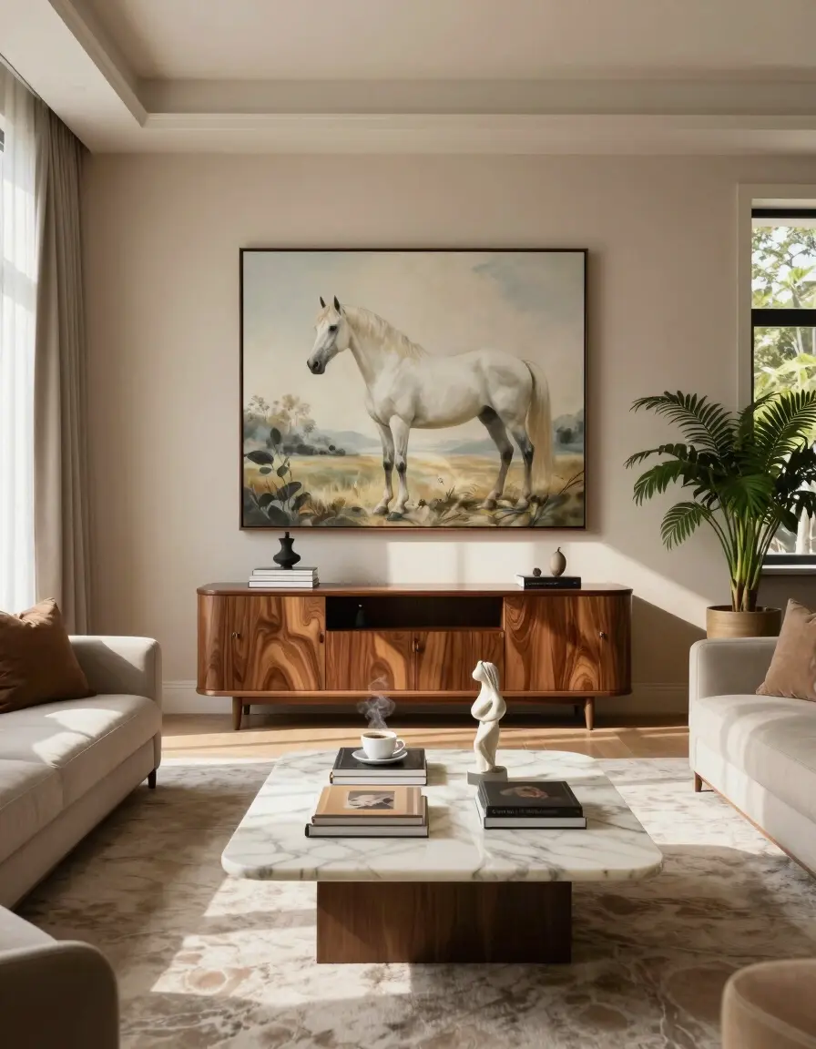 A modern living room with a large white horse painting, wooden furniture, and marble accents, exuding elegance and serenity.