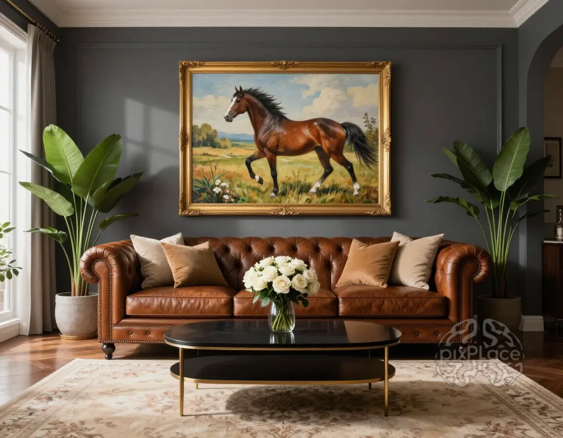 A luxurious living room with a large painting of a horse, brown leather sofa, and dark gray walls.