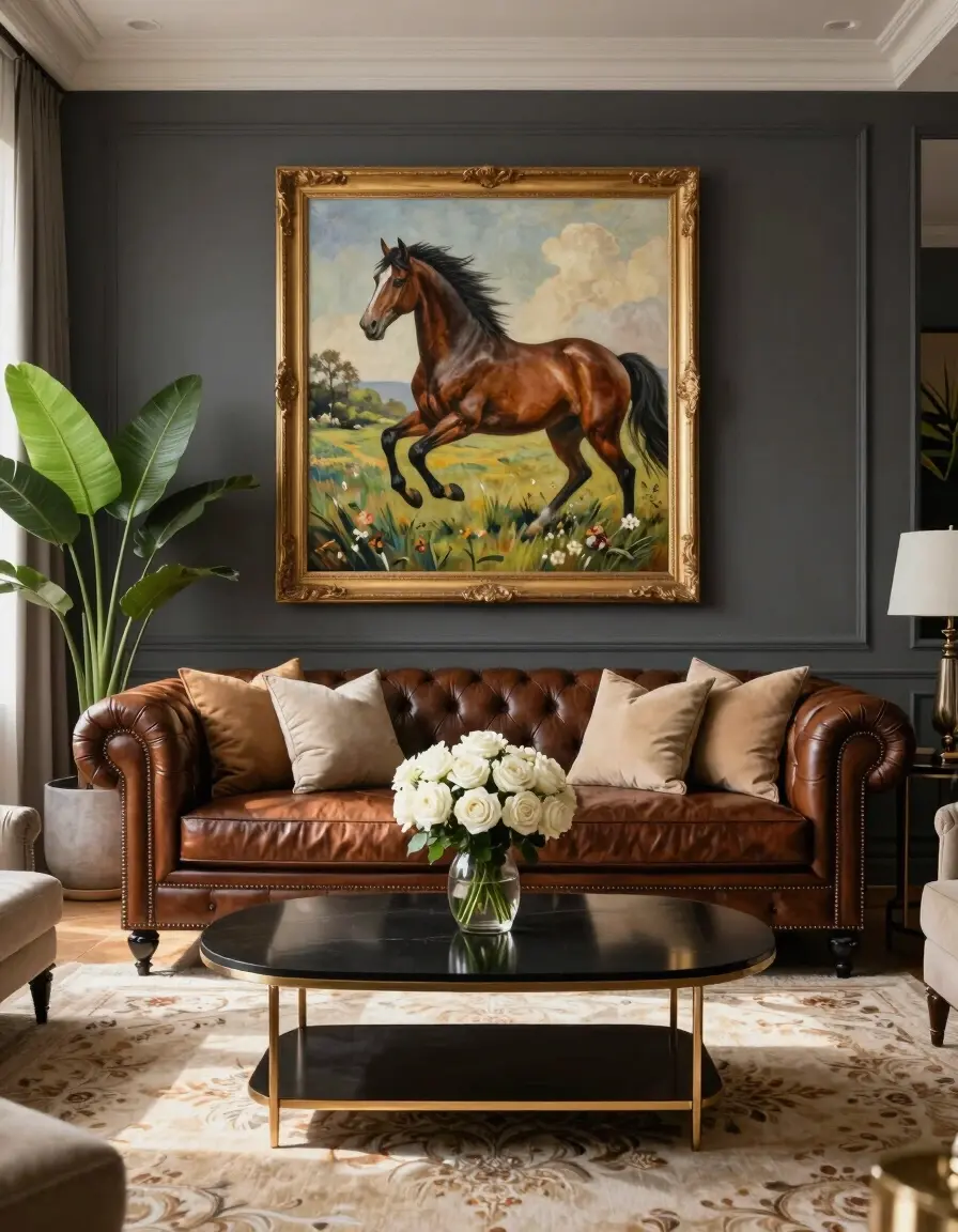 A beautifully designed living room with a brown leather Chesterfield sofa, gold-framed horse painting, and large potted plants, exuding warmth and sophistication.