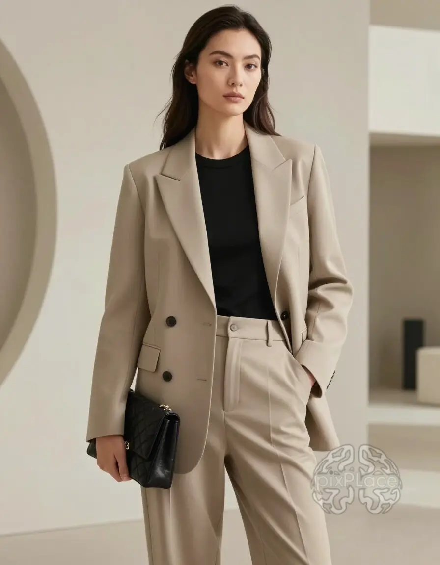 A woman in a beige blazer and trousers, accessorized with a black purse, embodying budget-friendly luxury fashion.