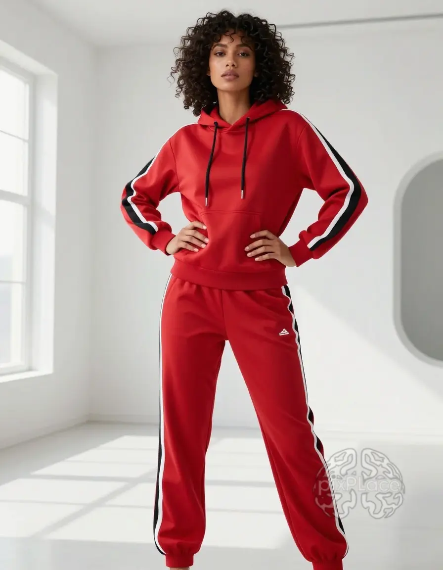 Woman in red tracksuit with black and white stripes posing confidently in a white room.