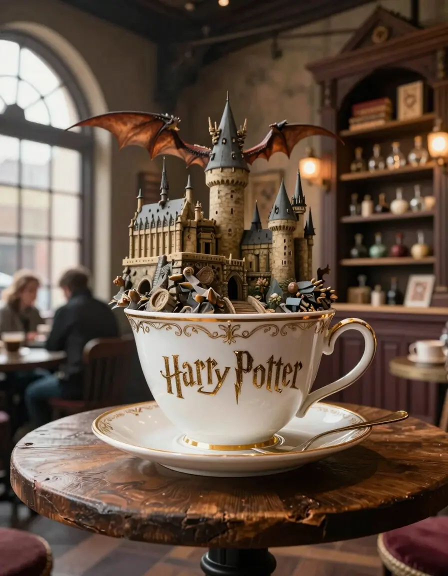A large white teacup with gold trim and 'Harry Potter' lettering, surrounded by a miniature Hogwarts castle and dragons, on a wooden table in a cozy coffee shop.