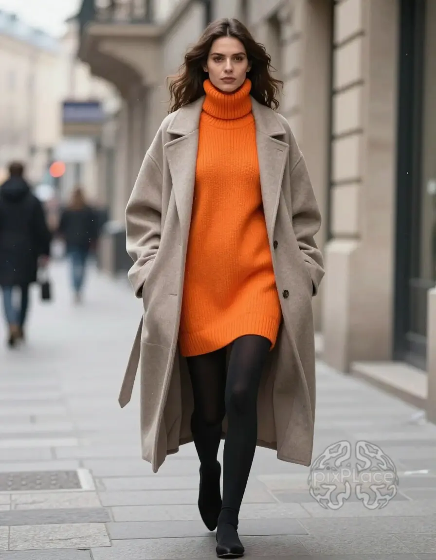 A young woman models a stylish winter outfit on a European street, featuring a light taupe oversized coat and an orange turtleneck sweater dress.