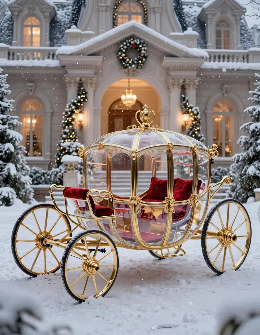 A luxurious, transparent Cinderella's carriage stands in front of a grand, snow-covered mansion, adorned with festive Christmas decorations and soft, warm lighting.