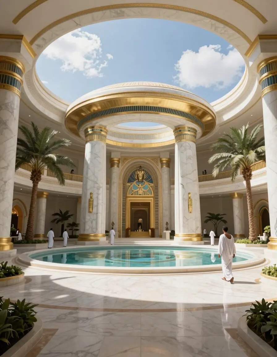 A futuristic, grand, white and gold interior space with a large circular marble-like structure, surrounded by a reflecting pool and palm trees.