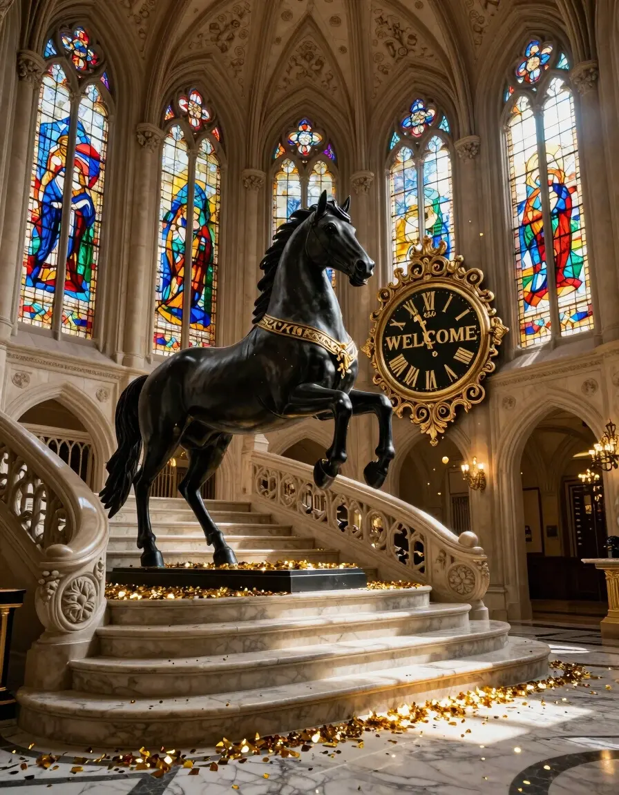 A dramatic, Gothic-style foyer with a large black horse statue on stone steps, surrounded by colorful stained glass windows and a large clock displaying 'WELCOME 2026'.