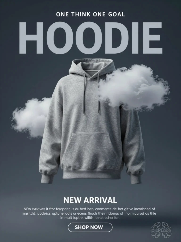 A gray hoodie with a kangaroo pocket and drawstrings, surrounded by clouds against a dark gray-blue background.