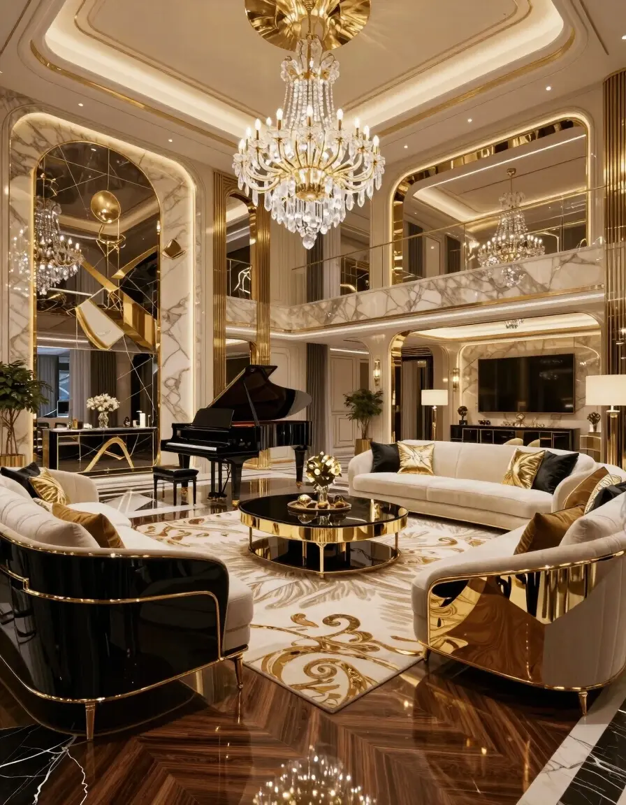 A luxurious living room with a gold and black color scheme, featuring high-end furniture and ornate details.