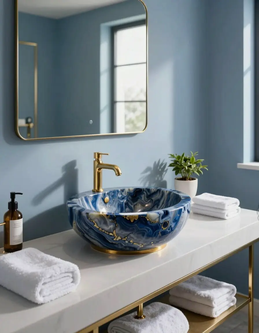 Luxurious bathroom with blue agate stone sink and gold faucet on white countertop.