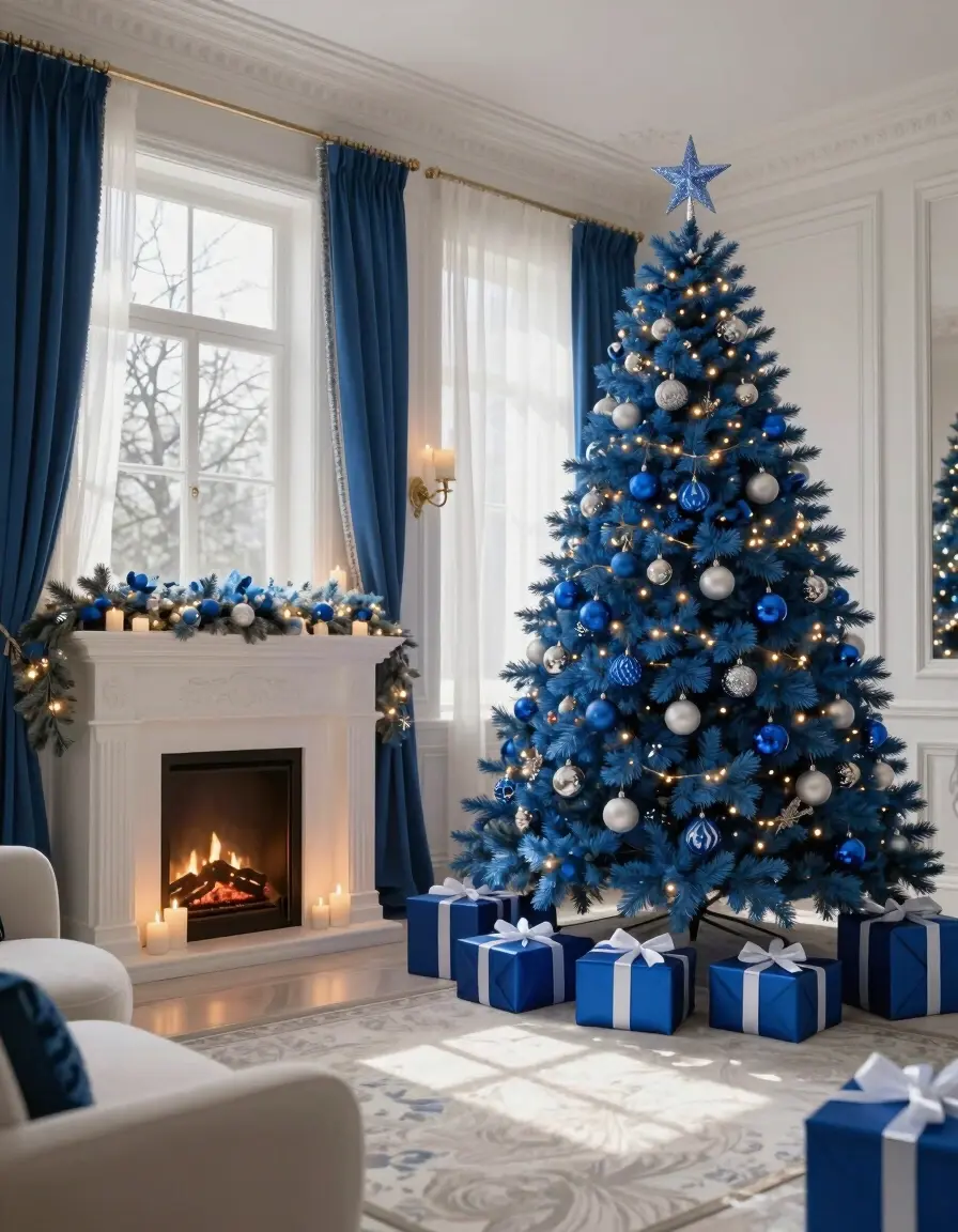 Luxurious living room with blue Christmas tree and white fireplace