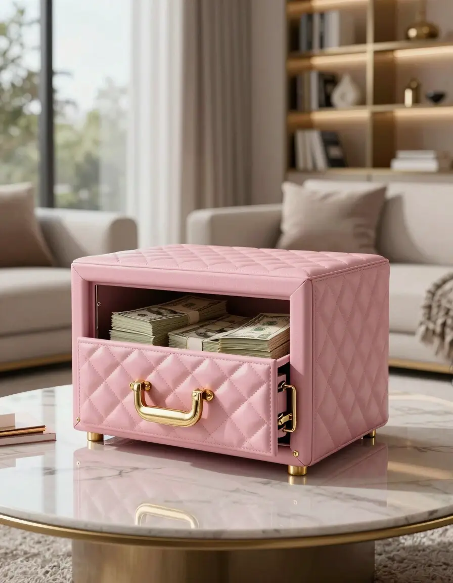 A luxurious, pink, quilted leather safe filled with $100 bills in a modern living room.