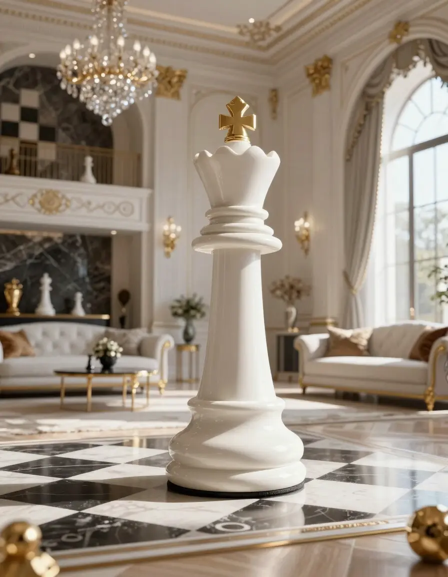 A luxurious interior space featuring a white and gold color scheme, intricate details, and a checkered floor, inspired by a grand chess piece.