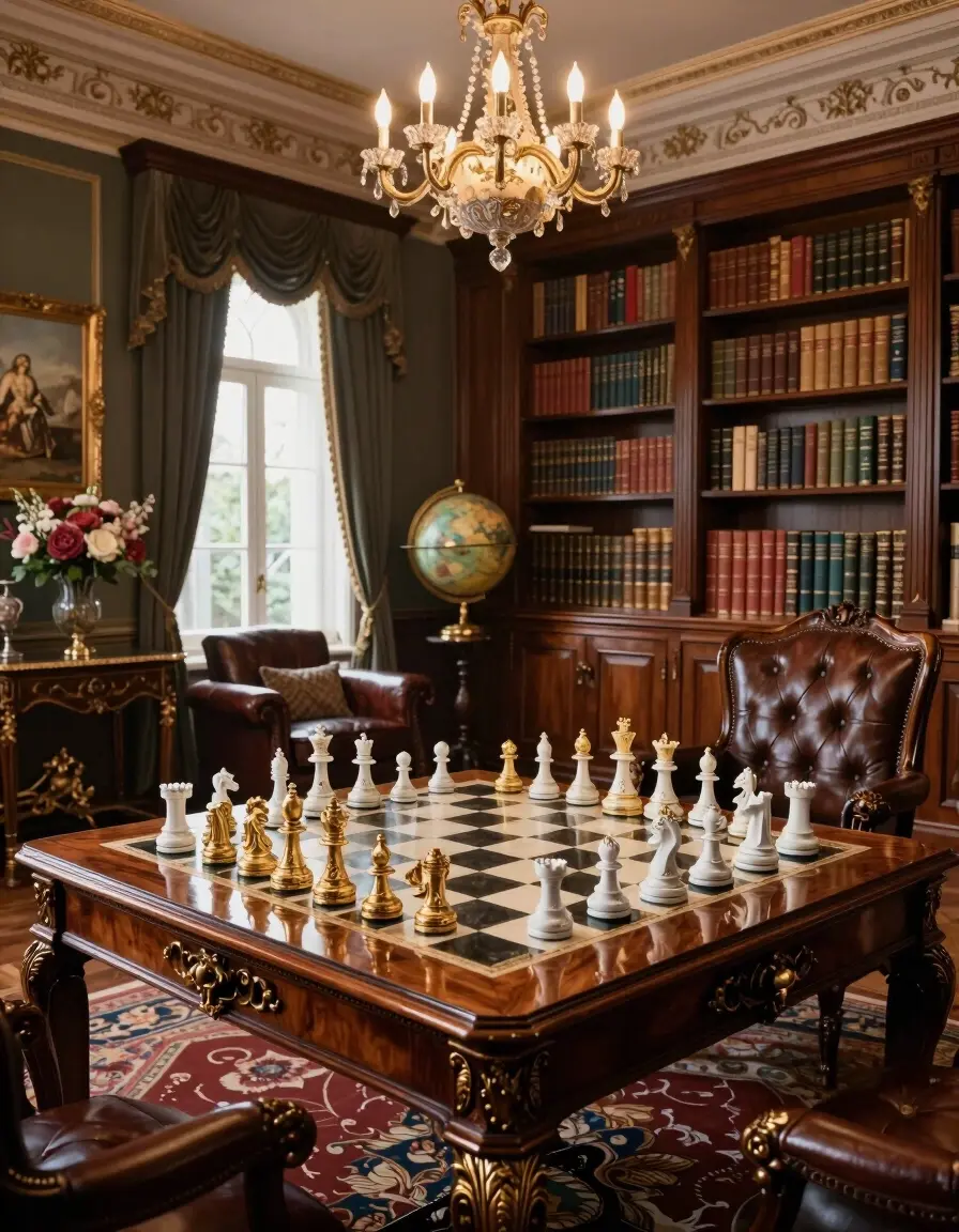 A luxurious chessboard with ornate pieces in a lavishly decorated study or library.