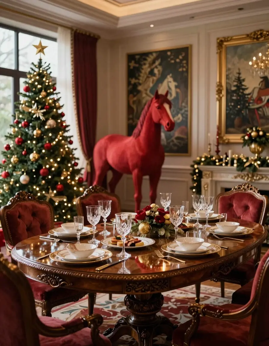 A luxurious dining room with a red horse statue, Christmas tree, and festive decorations, set for a special holiday dinner.