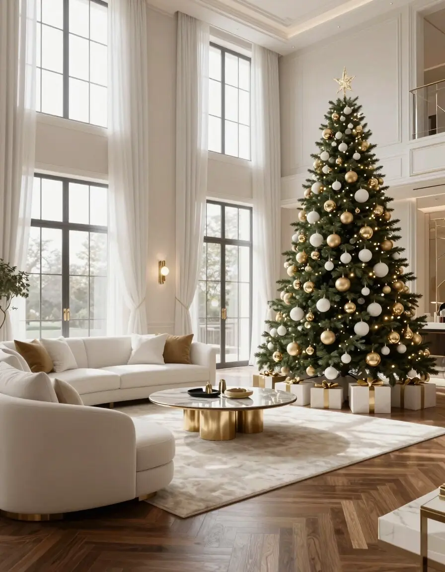 A luxurious living room with a Christmas tree, white couch, and gold accents