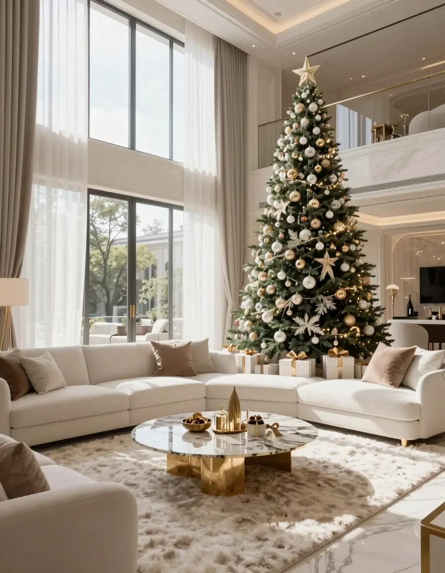 A luxurious living room decorated for Christmas with a tall tree, white sofa, and marble coffee table.