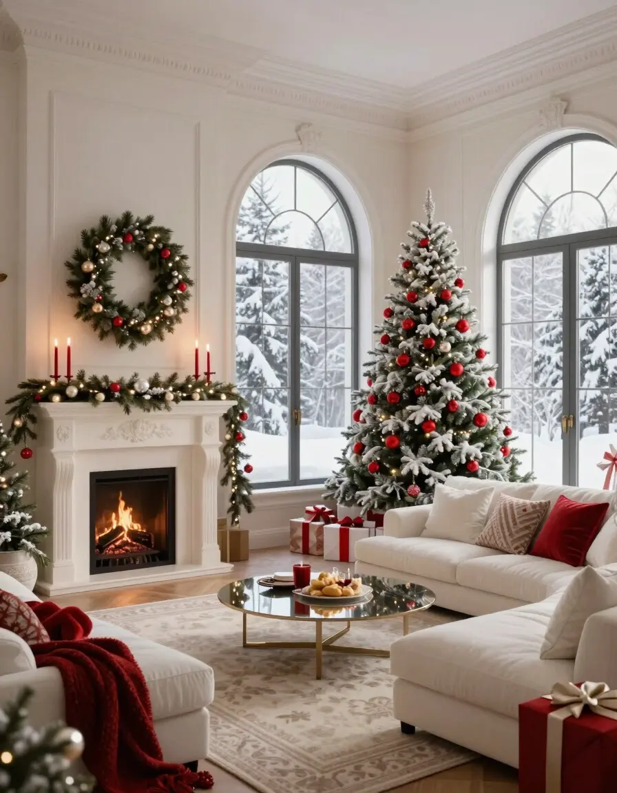 A luxurious living room with a Christmas tree, fireplace, and white sofa, overlooking a snowy scene through large windows.