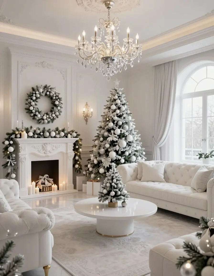 Luxurious living room with Christmas decorations, white fireplace, and grand chandelier.
