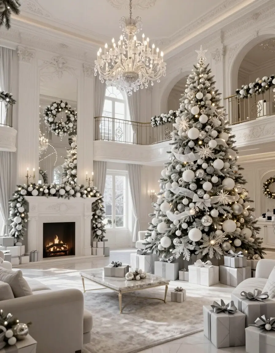 Luxurious living room with Christmas tree, fireplace, and ornate details in a monochromatic color scheme.