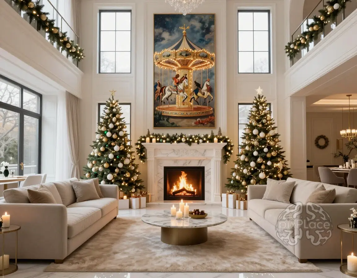 Luxurious living room with Christmas decorations, marble fireplace, and beige furniture.