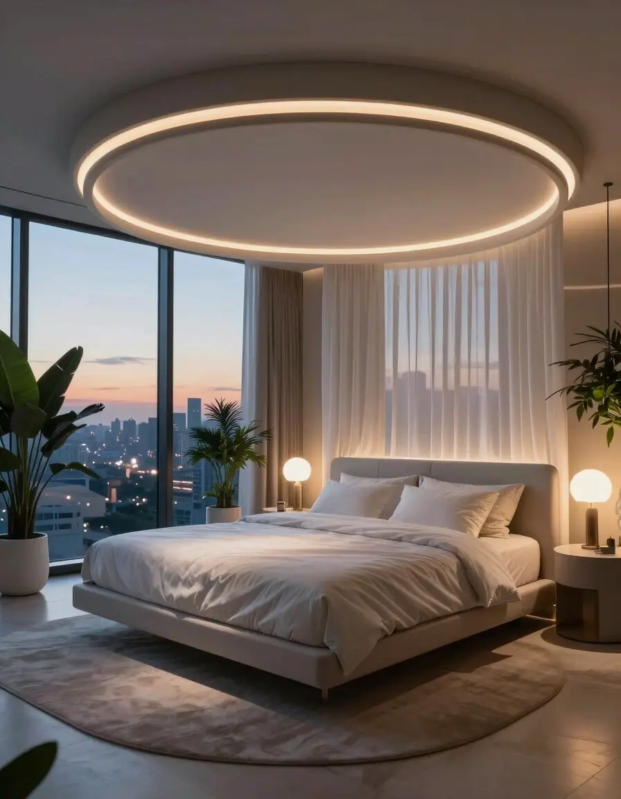 A luxurious circular bedroom featuring a floating canopy bed with ambient LED lighting, cityscape views, and lush greenery.