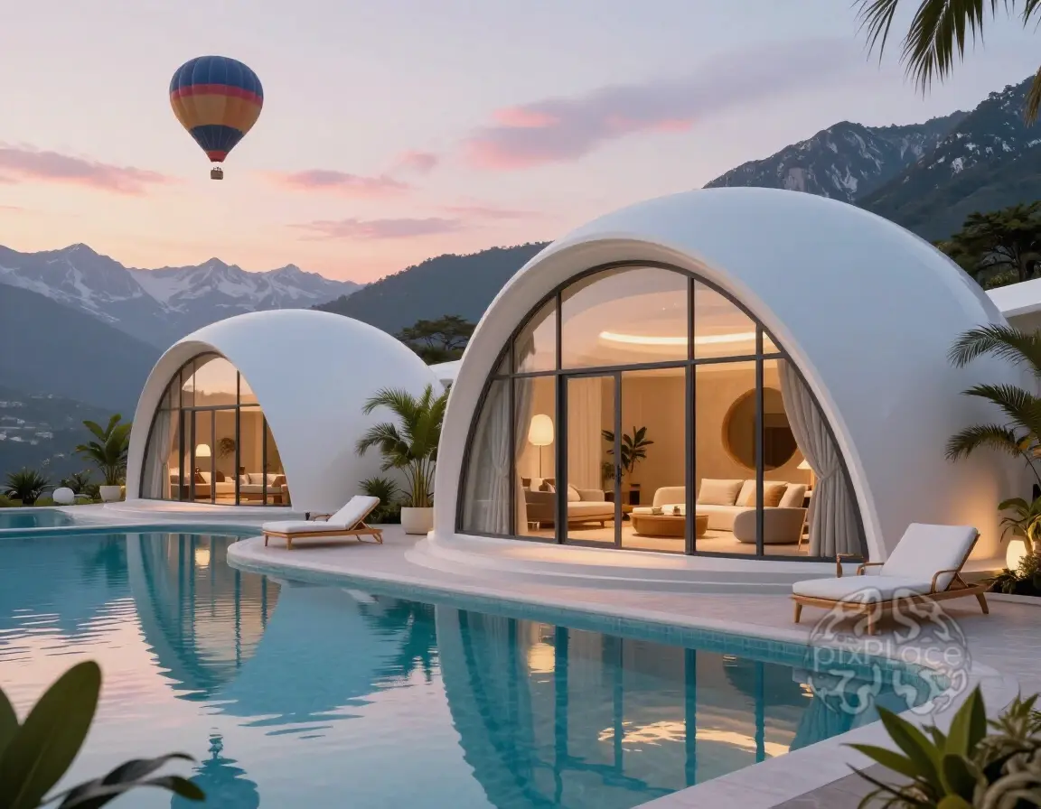 Futuristic resort with dome-shaped rooms and a pool, set against a backdrop of mountains and hot air balloons at dusk.