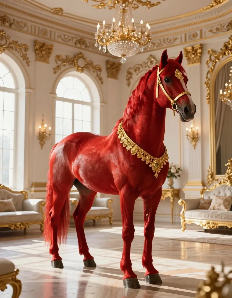 A majestic red horse with gold adornments stands proudly in a lavish hall with white and gold decor.
