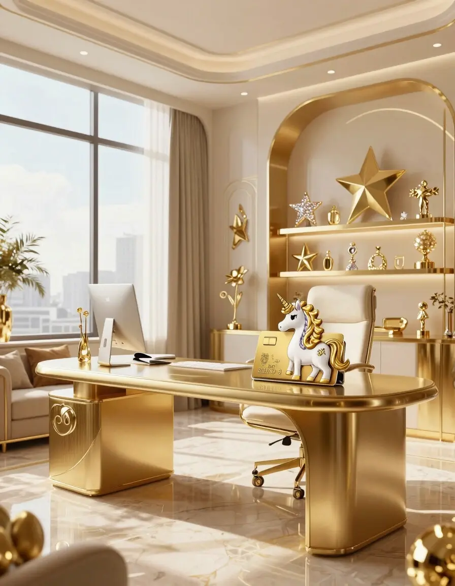 A luxurious office space with a gold credit card paperweight on a modern desk, surrounded by gold decorations and natural light.