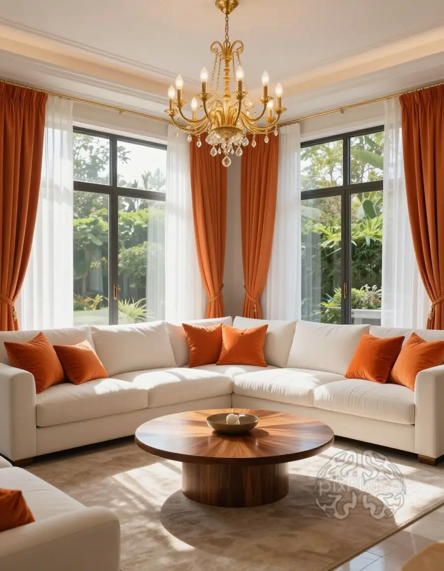 A luxurious living room with white sofa, orange pillows, wooden coffee table, and gold chandelier, surrounded by large windows with tropical garden view.