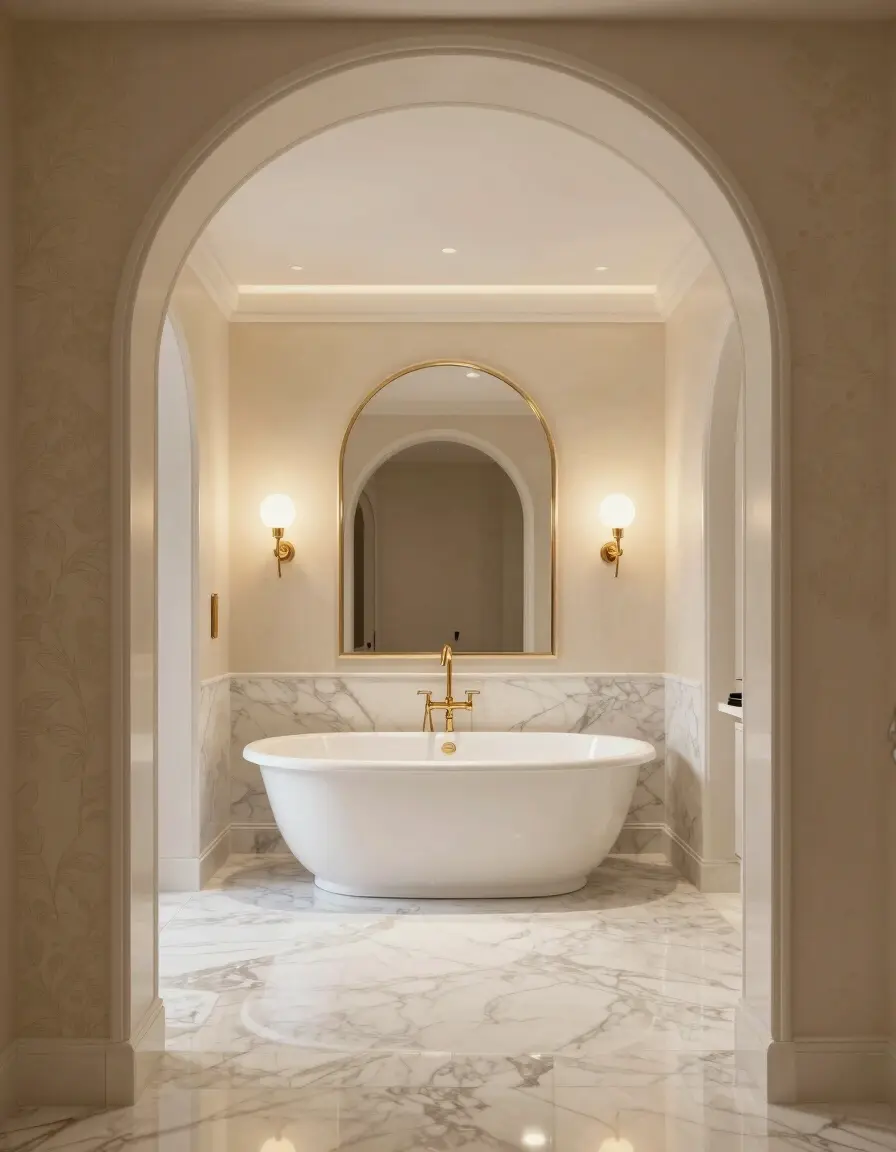 A luxurious master bathroom with a large arched doorway, white marble floor, and a freestanding white bathtub with gold fixtures.