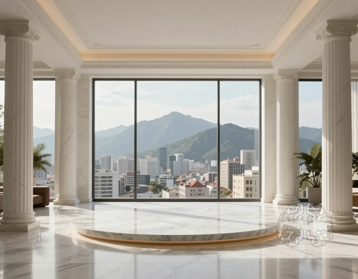 A serene and sophisticated interior space with white marble columns, a circular platform, and a large window offering a cityscape view.