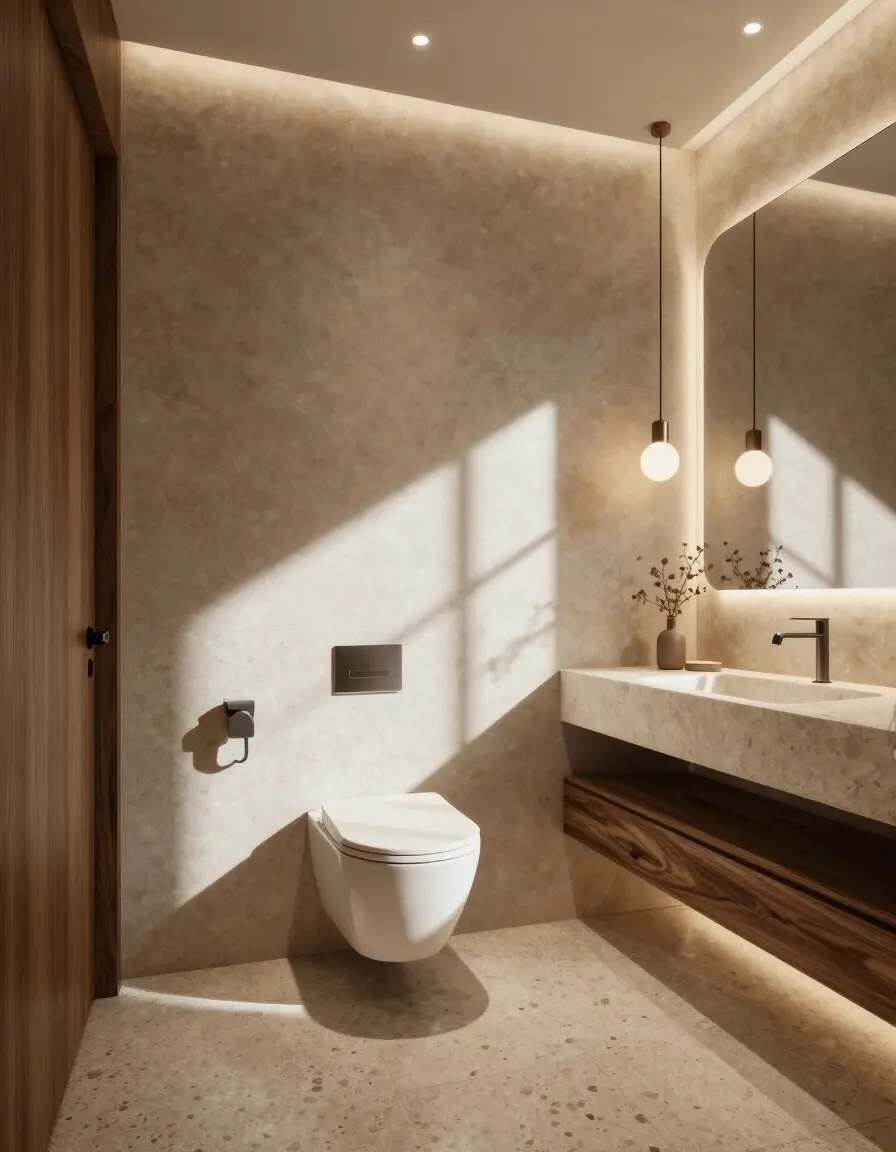 A modern bathroom with a curved wall, large mirror, and LED lighting, featuring a wall-mounted toilet and floating vanity with a stone sink.