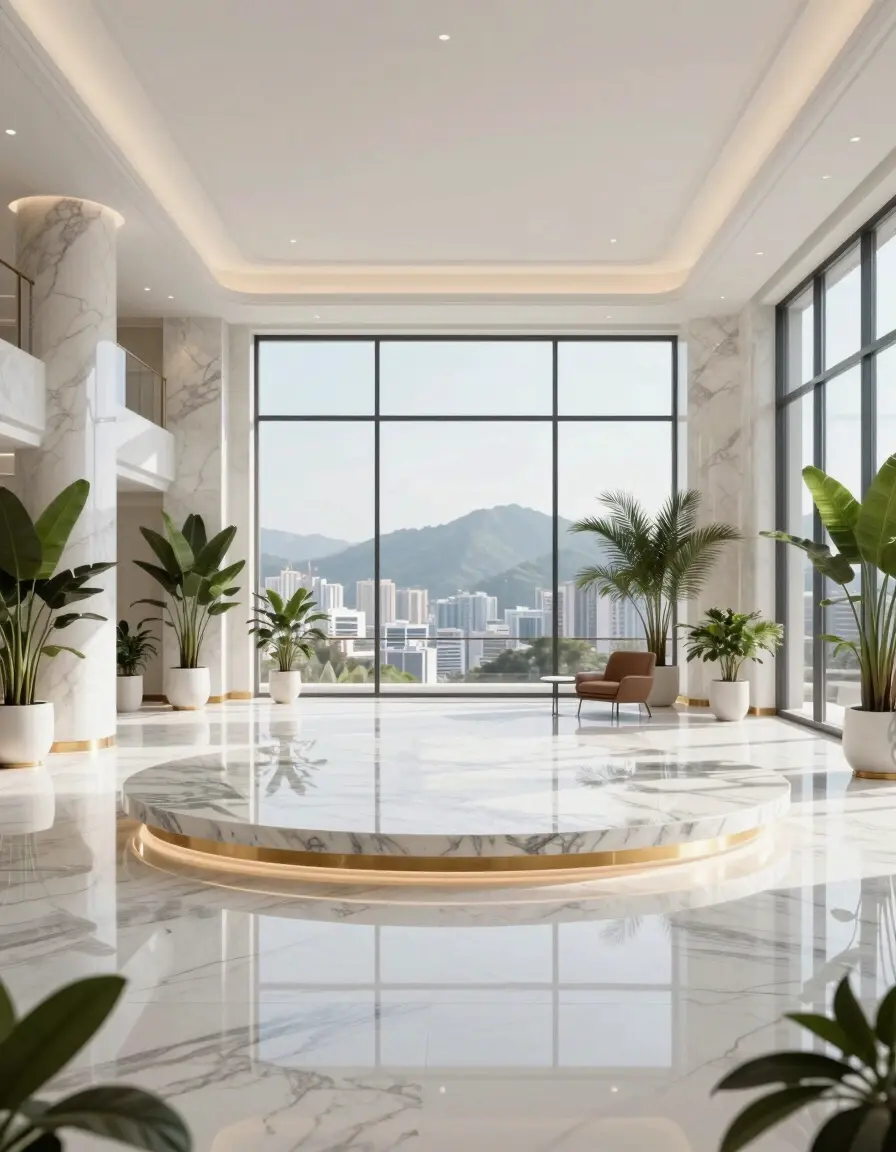 A luxurious, modern interior with a large window showing a city and mountains.