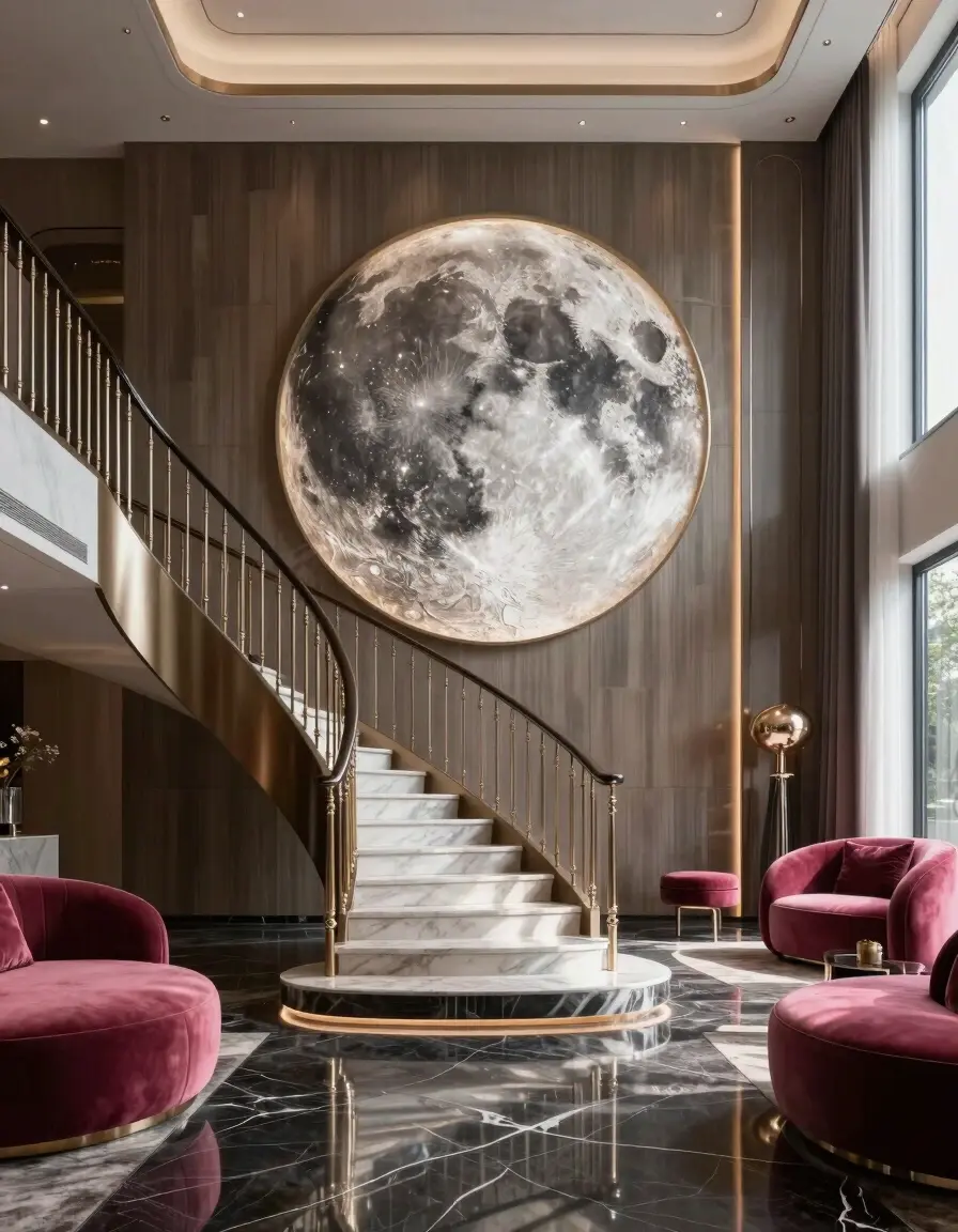 A luxurious modern interior with a grand staircase and a large moon-inspired artwork on the wall, featuring dark marble, metallic accents, and deep pink furniture.