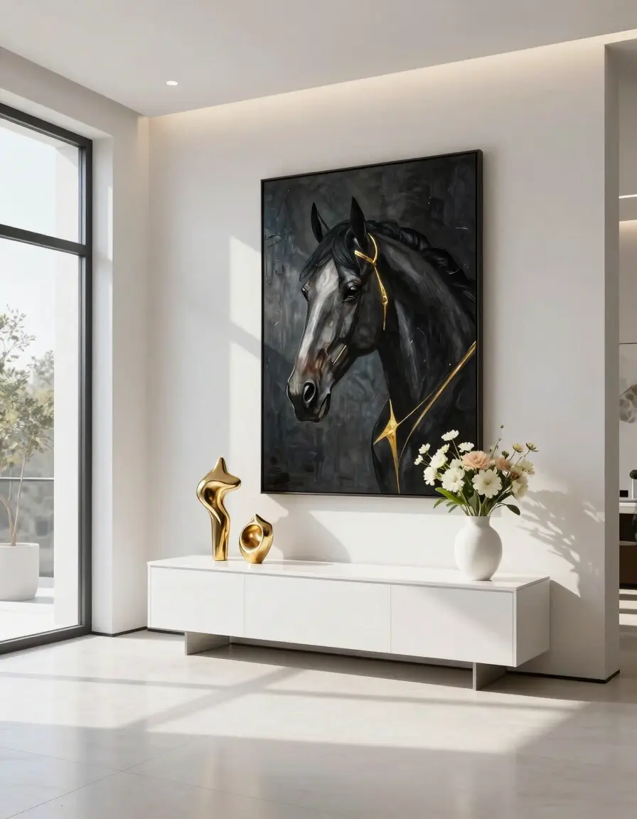 A modern living room with a large abstract painting of a black horse's head, white console table, gold sculptures, and a vase with flowers.