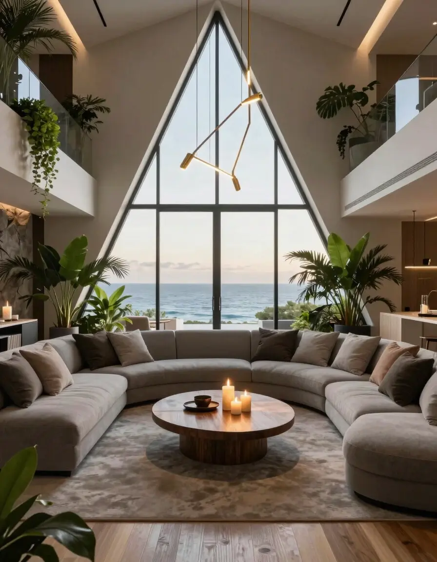 Luxurious living room with ocean views, curved sofa, and gold light fixture