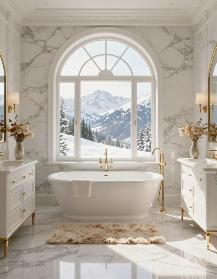 A luxurious bathroom with a large arched window showing a snowy mountain landscape, white marble floors, and a freestanding bathtub.