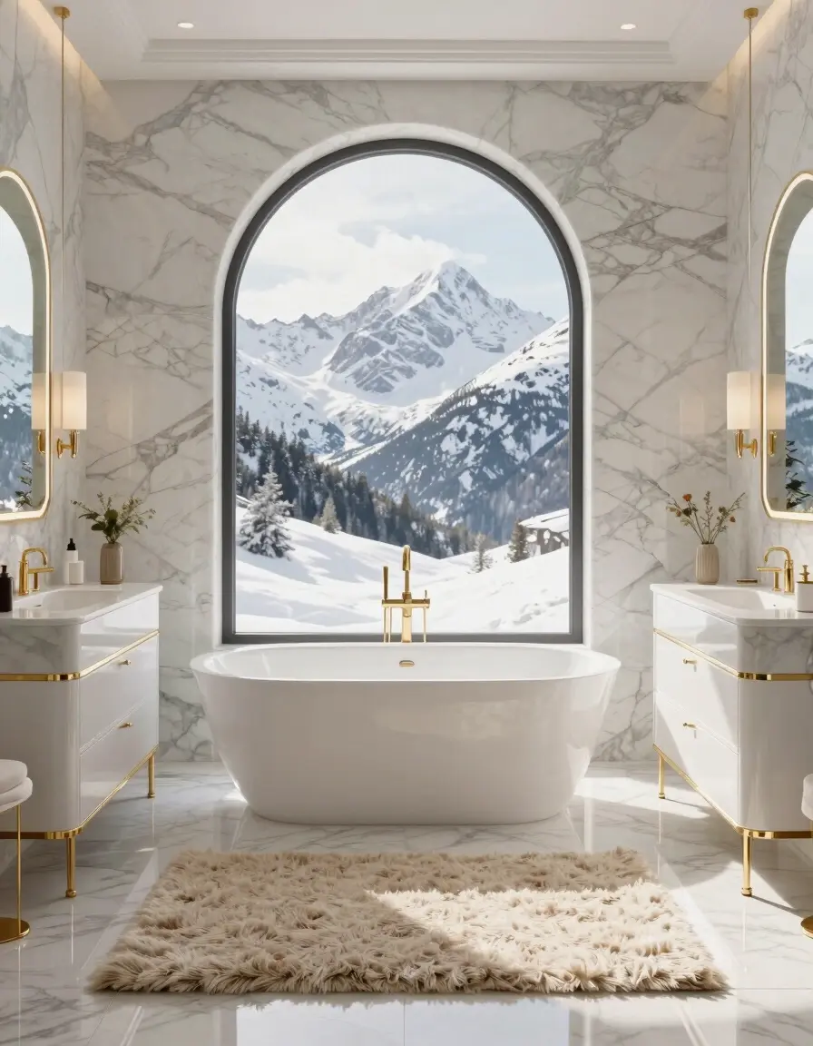 A luxurious bathroom with a large arched window showing snowy mountains, a freestanding white bathtub, and white marble walls and floor.