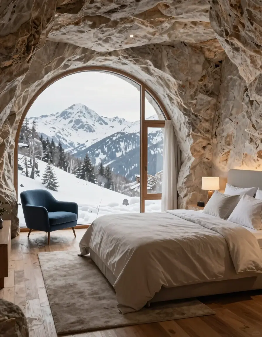 A luxurious bedroom with a large arched window showing a snowy mountain landscape, a blue armchair, and a plush bed.