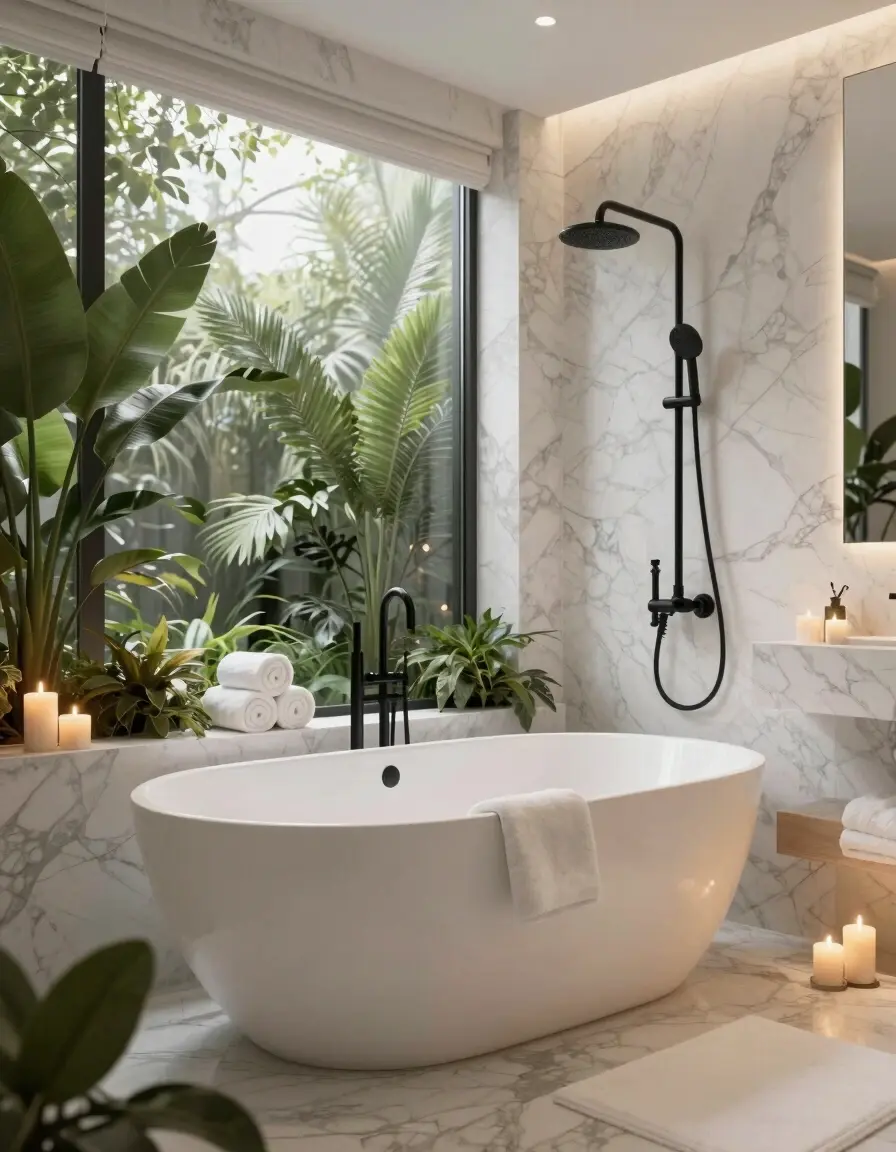 Luxurious spa bathroom with white bathtub, marble walls, and greenery