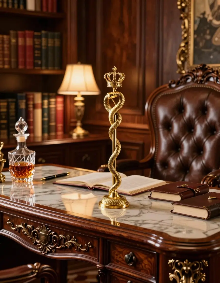 A luxurious study room with a golden scepter on a marble surface, surrounded by dark wood paneling and leather-bound books.