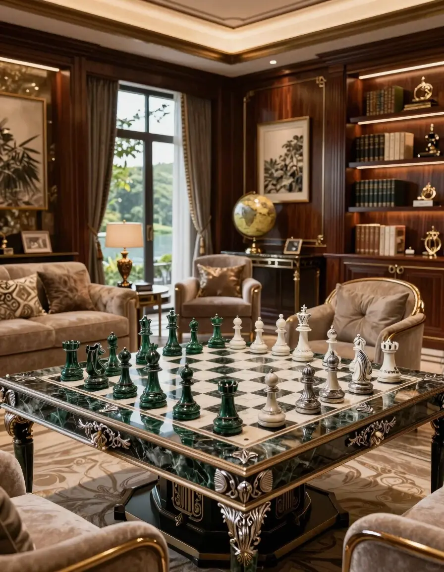 A luxurious study room with a large, ornate chessboard and rich, dark wood paneling.