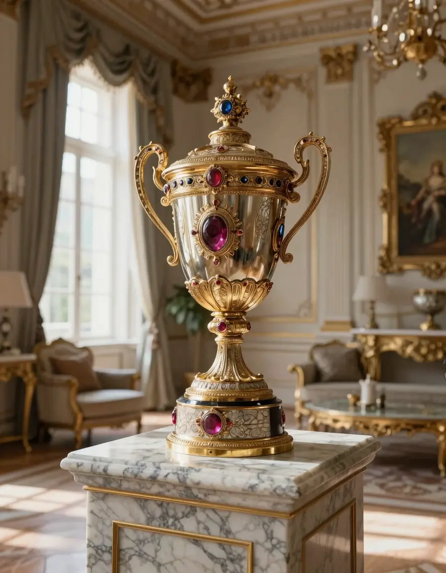 Luxurious trophy or artifact on marble pedestal in opulent interior setting