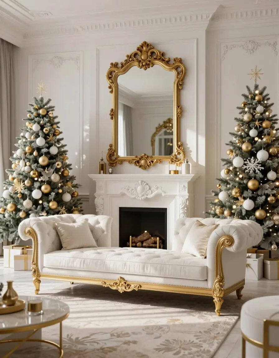 Luxurious living room with white and gold decor, Christmas trees, and a fireplace.