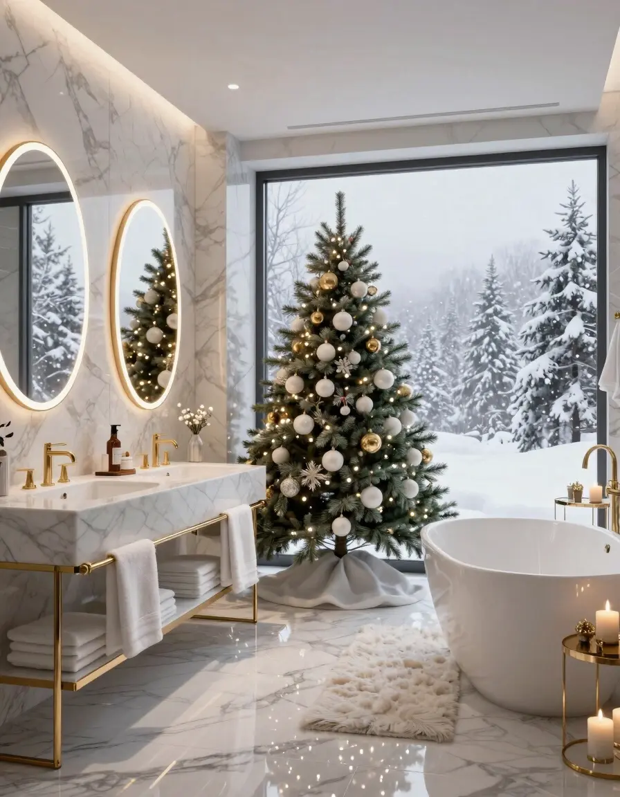 A luxurious bathroom with a Christmas tree in front of a large window, white marble vanity, and gold accents.