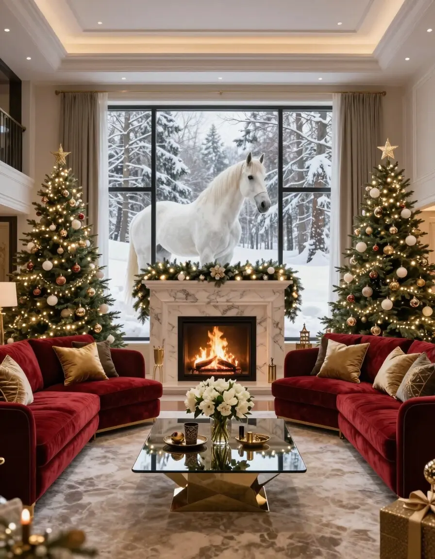 A luxurious living room with a red sofa, gold accents, and a marble fireplace, decorated for Christmas with two trees and a lit fire, with a white horse visible through the large window in the background.